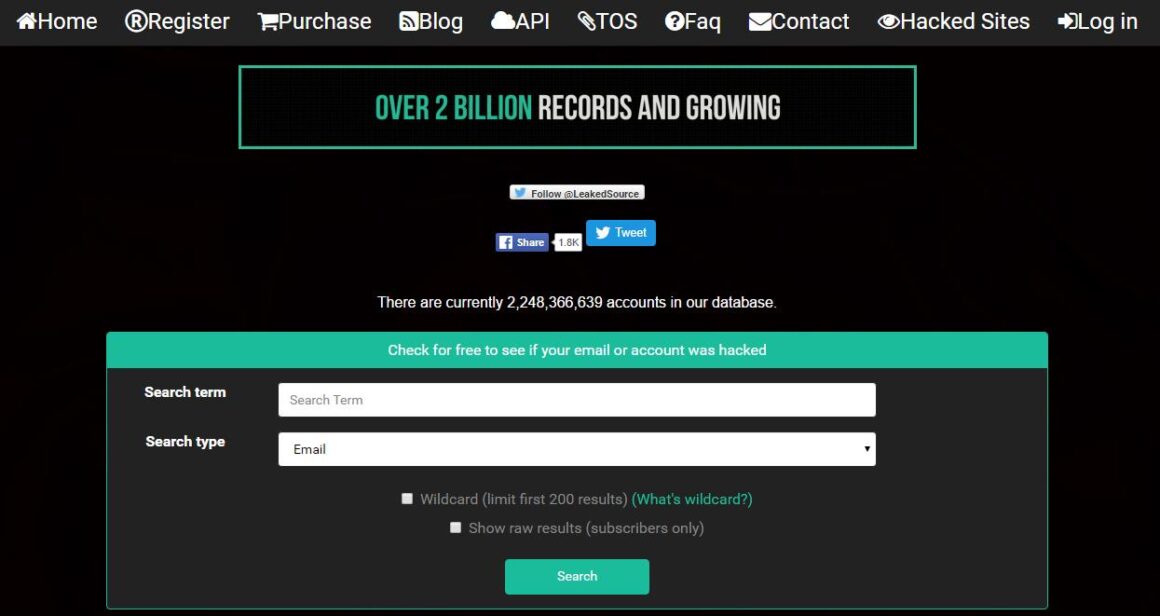 page daccueil Leakedsource