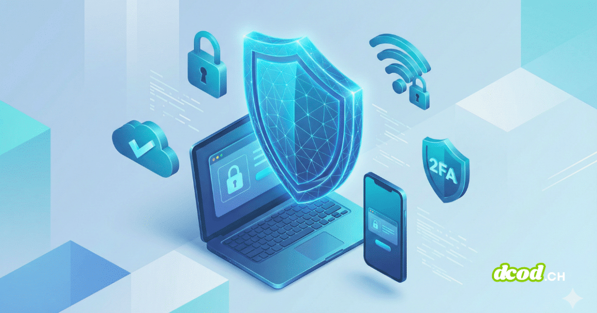 Illustration isométrique en 3D dans une palette de bleus et de cyans, montrant un grand bouclier numérique lumineux protégeant un ordinateur portable et un smartphone au centre. Autour d'eux flottent des icônes représentant des bonnes pratiques de sécurité : un cadenas fermé, un nuage avec une coche de validation, un symbole Wi-Fi sécurisé par un cadenas, et un écusson portant la mention "2FA" (double authentification). Le fond est abstrait et géométrique.