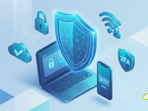 Illustration isométrique en 3D dans une palette de bleus et de cyans, montrant un grand bouclier numérique lumineux protégeant un ordinateur portable et un smartphone au centre. Autour d'eux flottent des icônes représentant des bonnes pratiques de sécurité : un cadenas fermé, un nuage avec une coche de validation, un symbole Wi-Fi sécurisé par un cadenas, et un écusson portant la mention "2FA" (double authentification). Le fond est abstrait et géométrique.