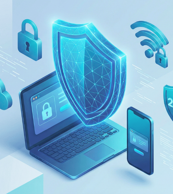 Illustration isométrique en 3D dans une palette de bleus et de cyans, montrant un grand bouclier numérique lumineux protégeant un ordinateur portable et un smartphone au centre. Autour d'eux flottent des icônes représentant des bonnes pratiques de sécurité : un cadenas fermé, un nuage avec une coche de validation, un symbole Wi-Fi sécurisé par un cadenas, et un écusson portant la mention "2FA" (double authentification). Le fond est abstrait et géométrique.