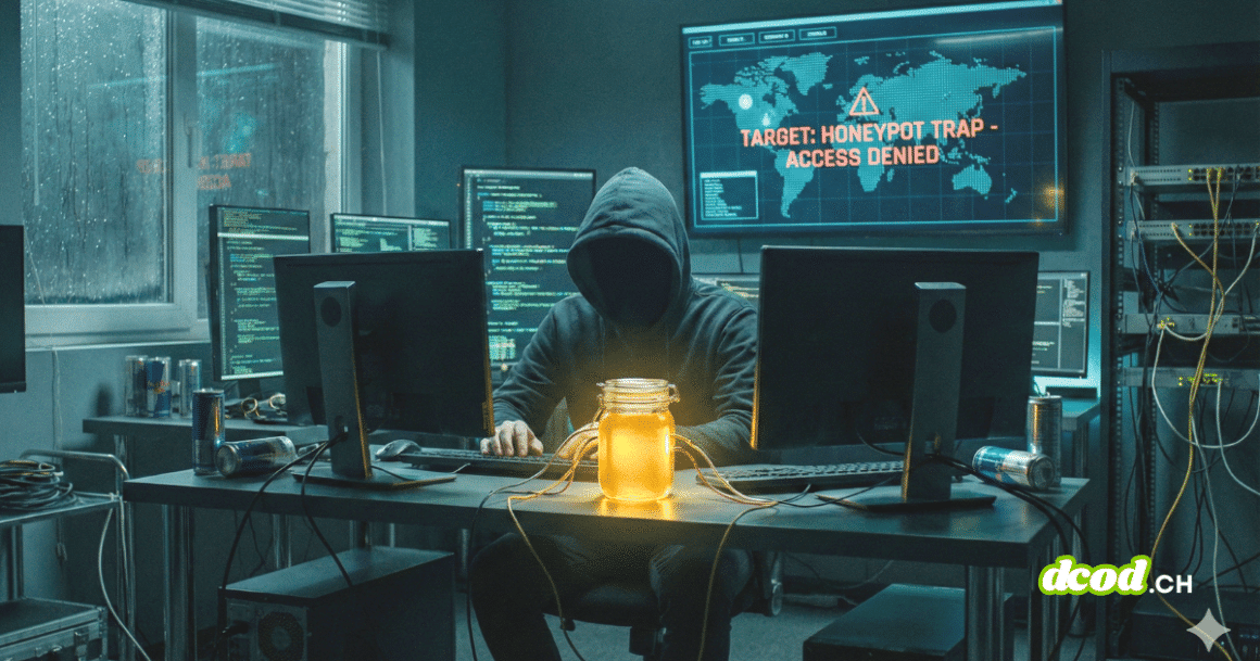 Un hacker dans une pièce sombre, piégé par un leurre numérique "pot de miel", comme le montre un écran d'avertissement "HONEYPOT TRAP".