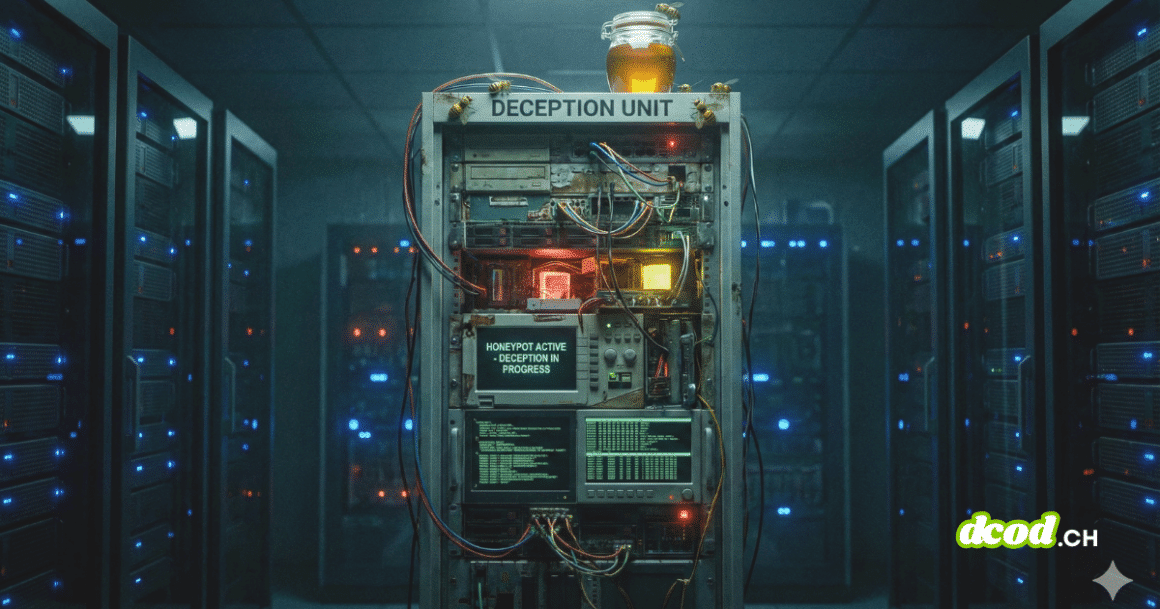 Un serveur informatique personnalisé dans un centre de données, étiqueté "DECEPTION UNIT", avec un écran indiquant qu'un leurre "pot de miel" est actif.