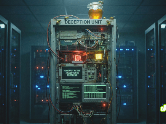 Un serveur informatique personnalisé dans un centre de données, étiqueté "DECEPTION UNIT", avec un écran indiquant qu'un leurre "pot de miel" est actif.