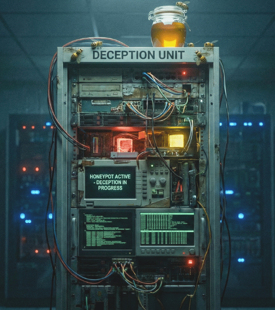 Un serveur informatique personnalisé dans un centre de données, étiqueté "DECEPTION UNIT", avec un écran indiquant qu'un leurre "pot de miel" est actif.