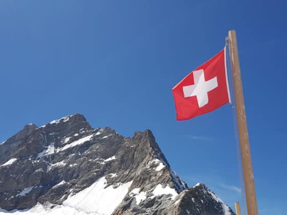 drapeau suisse avec montagne