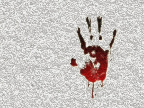la trace d'une maint ensanglantée sur un mur
