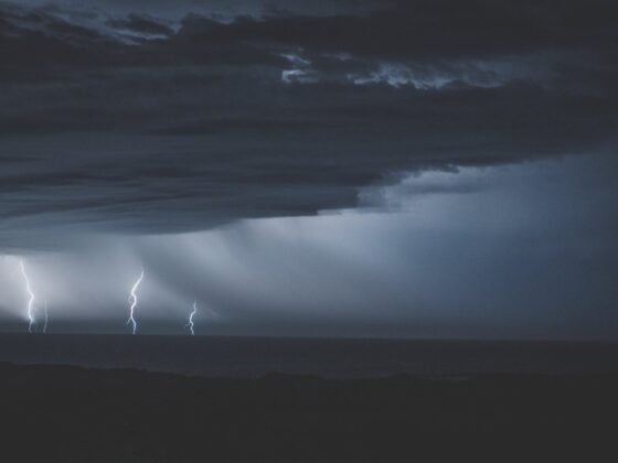 thunderstorm with glimmering lightnings over ocean