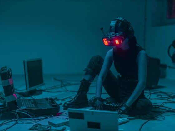une personne assise sur le sol avec des lunettes vr utilisant un ordinateur