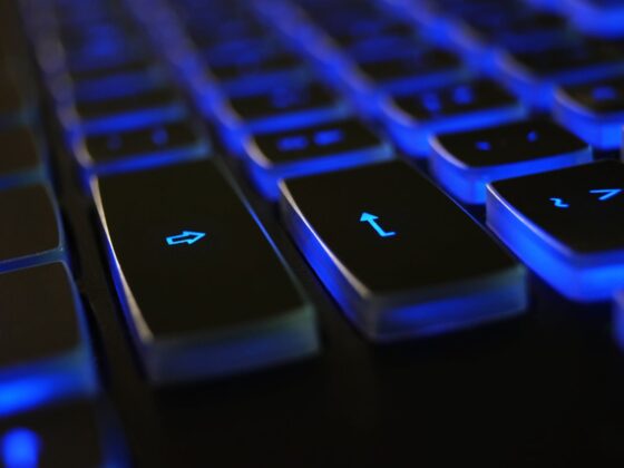 une macro photo d'un clavier avec un reflet bleu sur les bord des touches