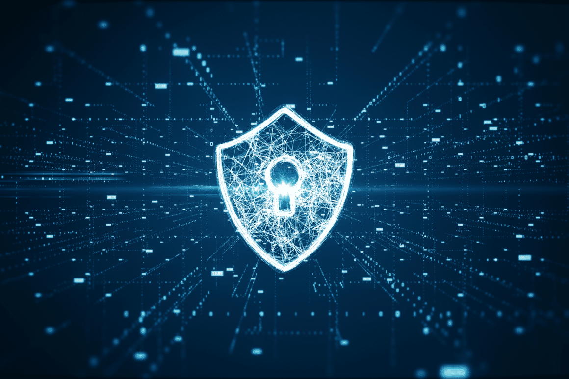 Un bouclier en traits blancs devant un fond bleu en 3D