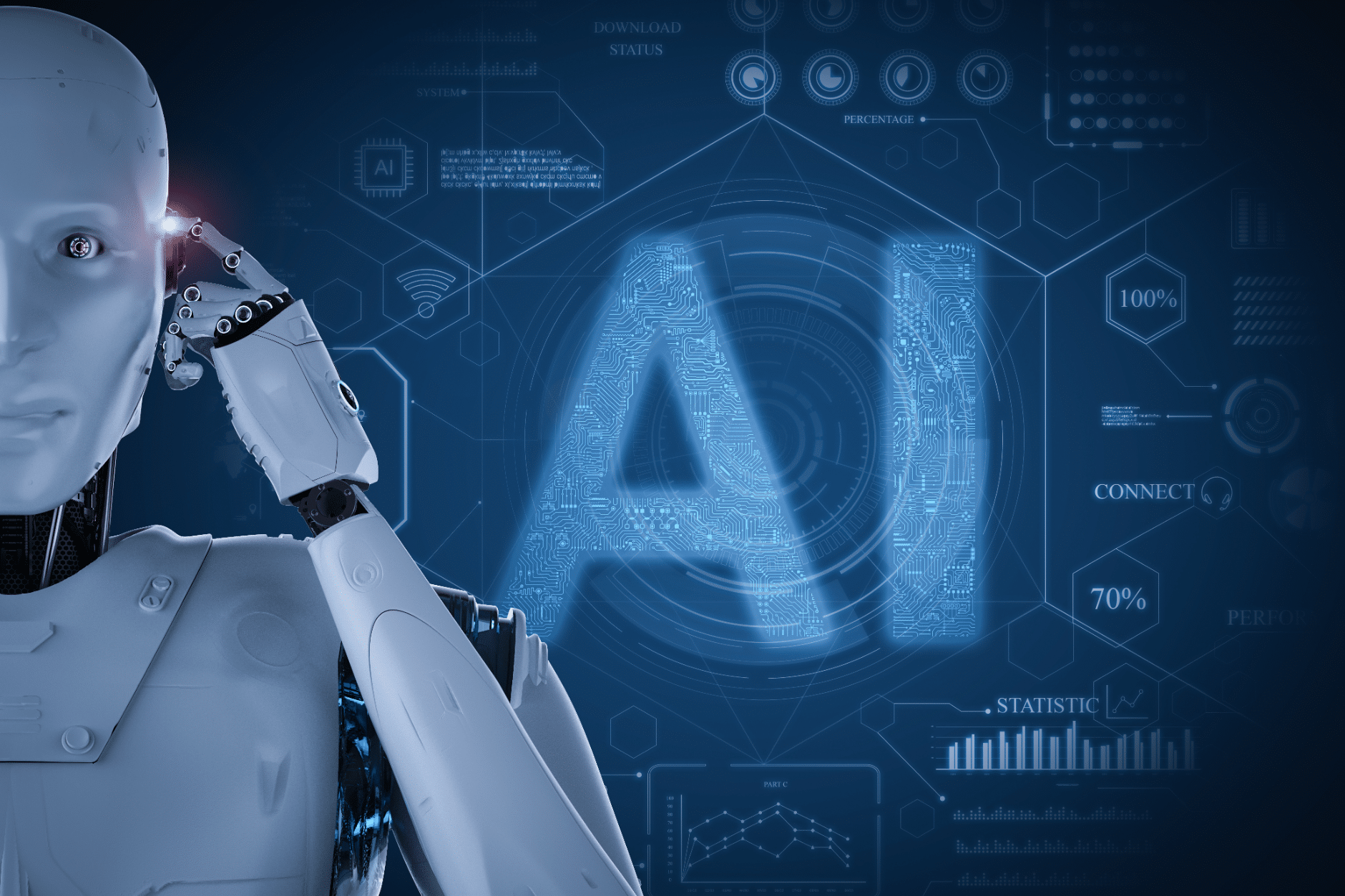 humanoïde avec un texte AI superposé