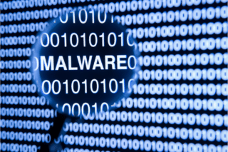 Un coup de loupe sur la mention malware au-dessus d'un fond de 0 et 1