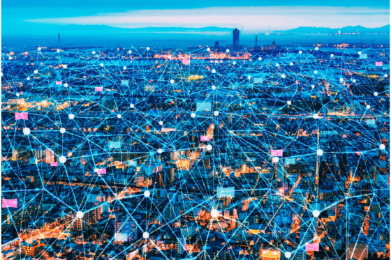 Une ville avec des lignes de connexions superposées