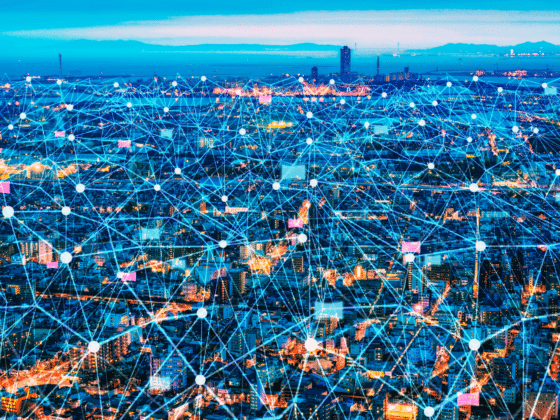 Une ville avec des lignes de connexions superposées