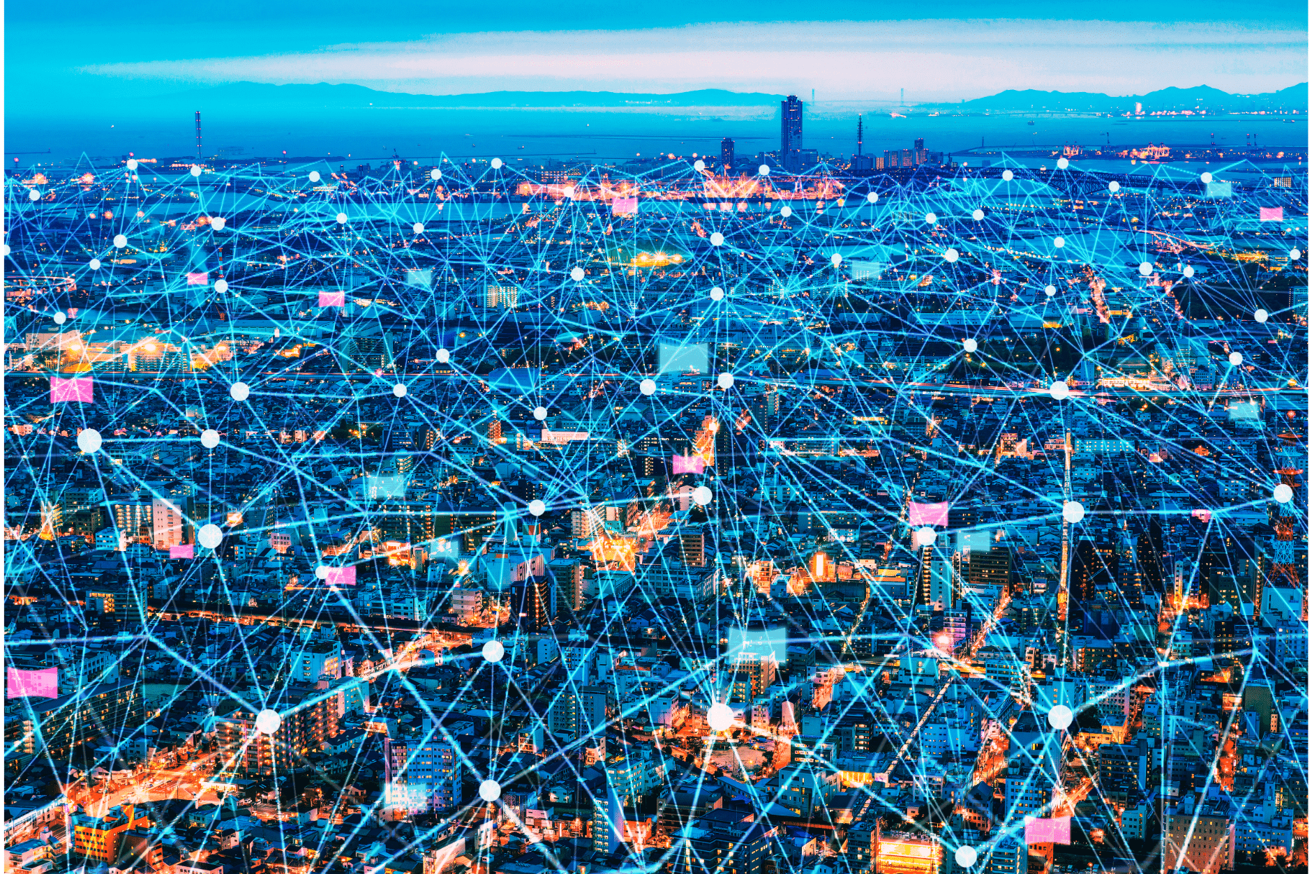 Une ville avec des lignes de connexions superposées