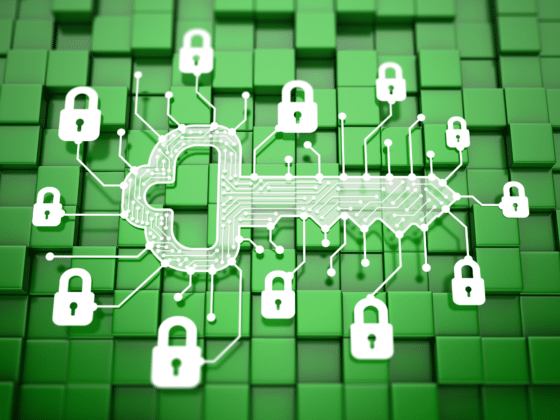 Une clé numérique liée à des cadenas sur un fond vert