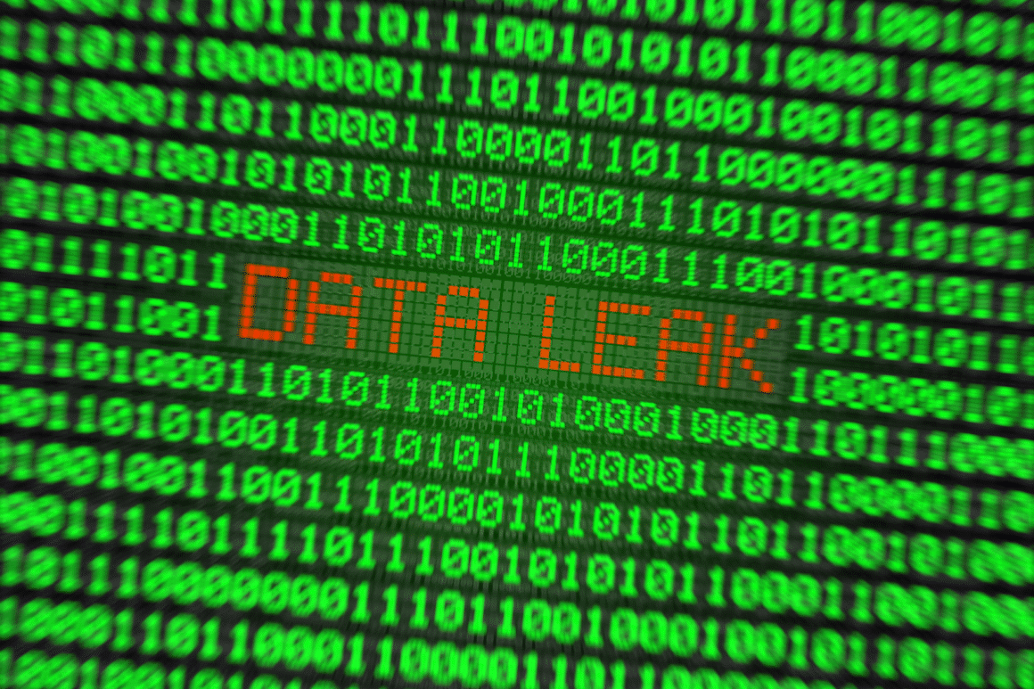 Une mention data leak en rouge sur un fond de 0 et 1 verts