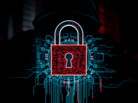 Un cadenas digitalisé en rouge devant l'ombre d'un hacker