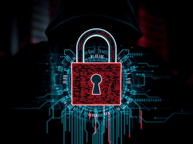 Un cadenas digitalisé en rouge devant l'ombre d'un hacker