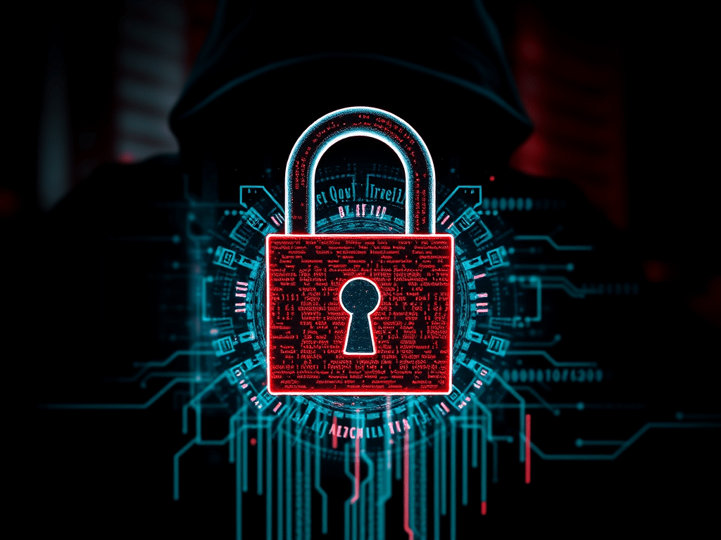 Un cadenas digitalisé en rouge devant l'ombre d'un hacker
