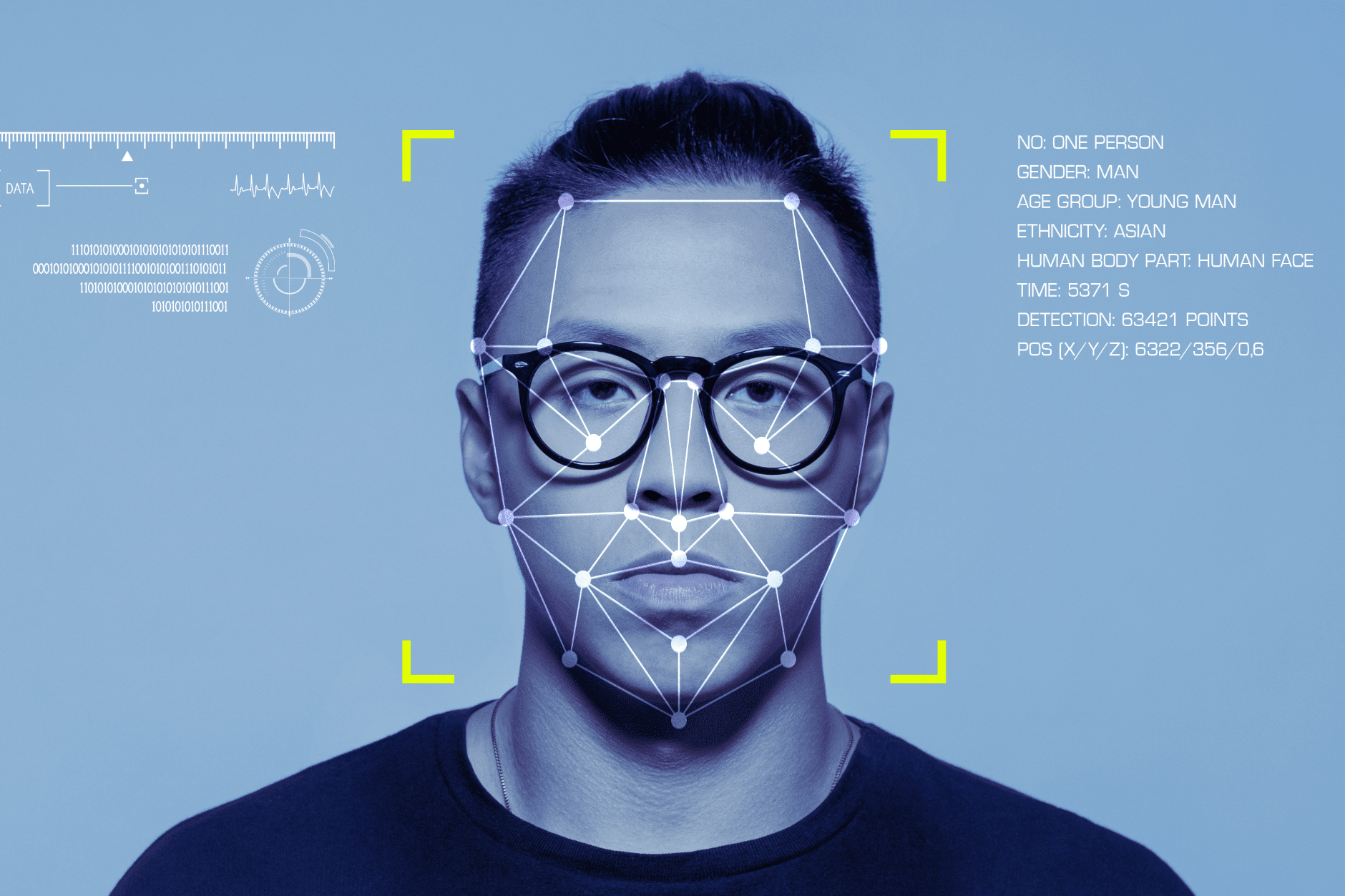 Un visage avec des lignes de mesures biométriques superposées pour la reconnaissance faciale