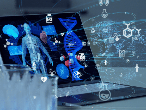 Une série de dessins en lien avec la technologie médicale en surimpression au-dessus d'un laptop