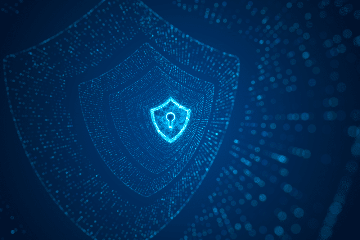 Un bouclier dans une serie de boucliers sur un fond bleu