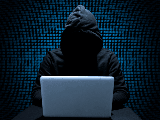 Un pirate à capuche avec un laptop et devant un mur de 0 et de 1