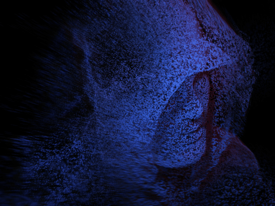Un visage de hacker en 3D construits avec des petites points bleus