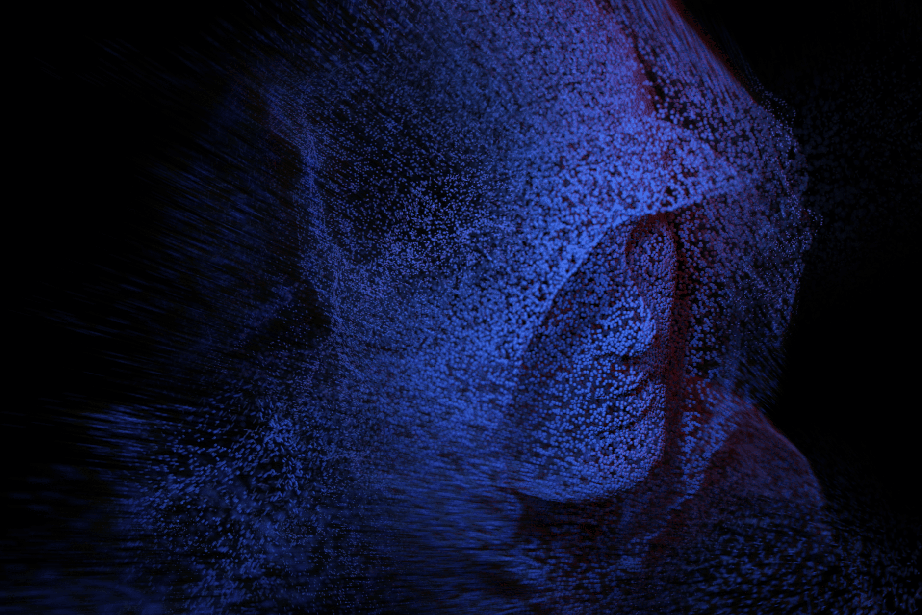 Un visage de hacker en 3D construits avec des petites points bleus