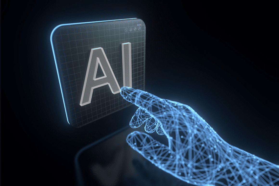 Une main digitale appuie avec un doigt sur une touche AI