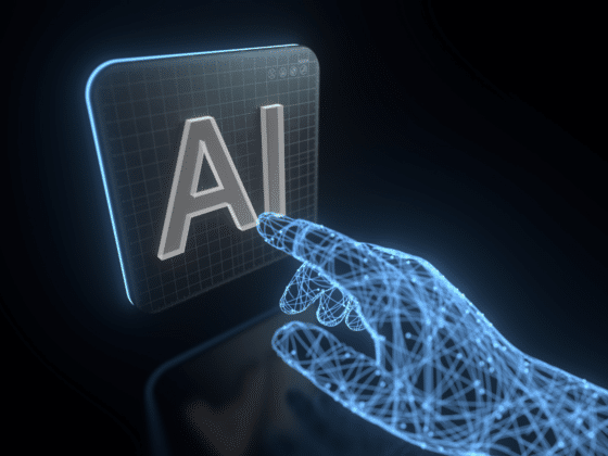 Une main digitale appuie avec un doigt sur une touche AI