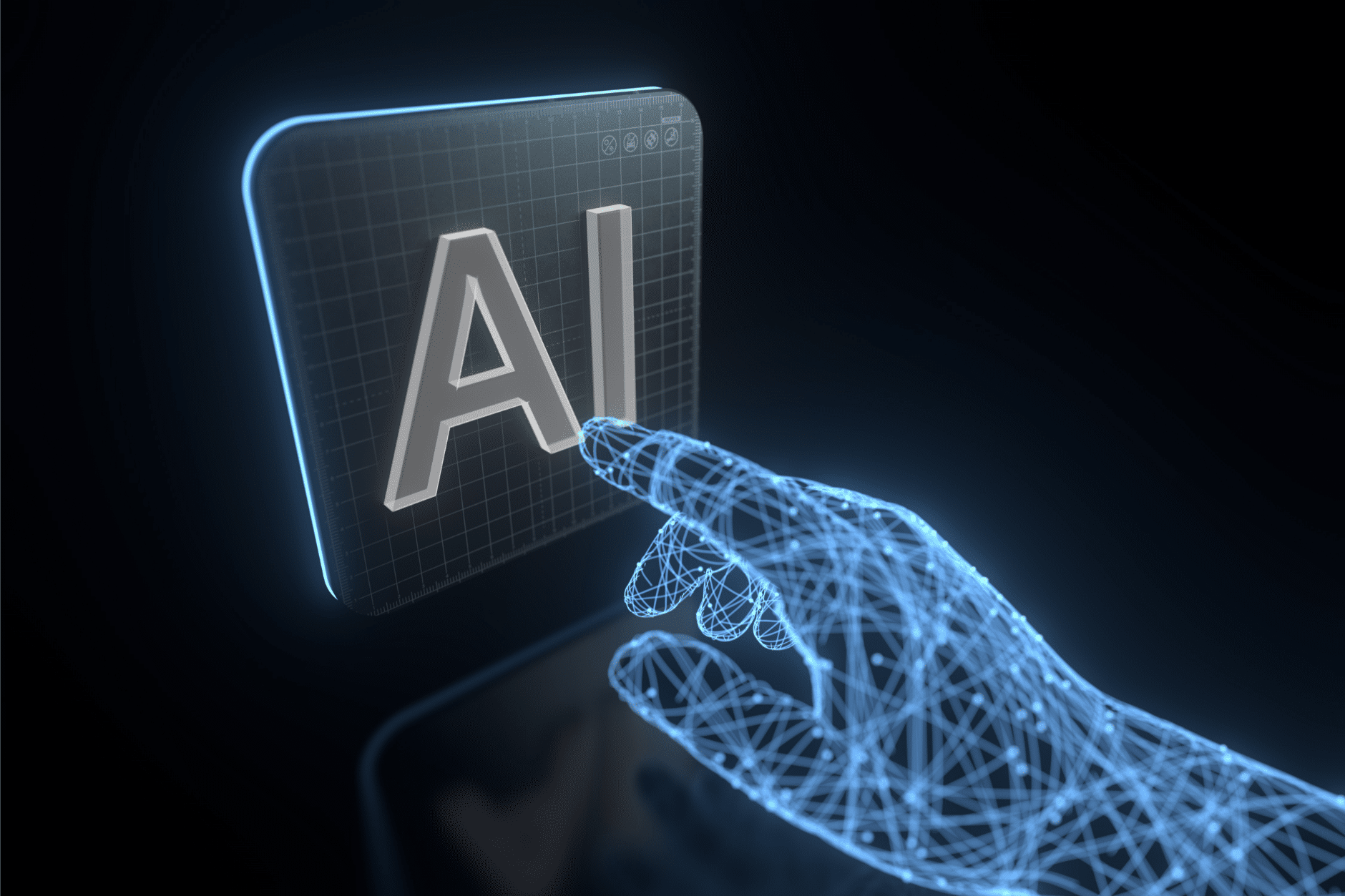Une main digitale appuie avec un doigt sur une touche AI