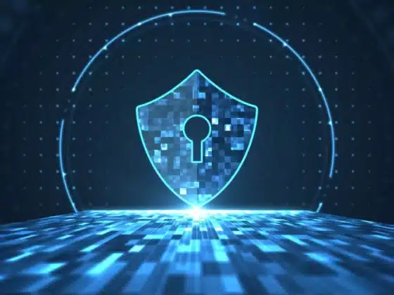 Un bouclier de cybersécurité sur un fond bleu en 3D