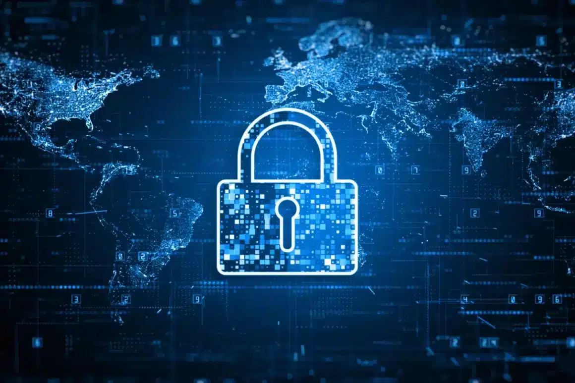 Un cadenas digital sur une carte du monde