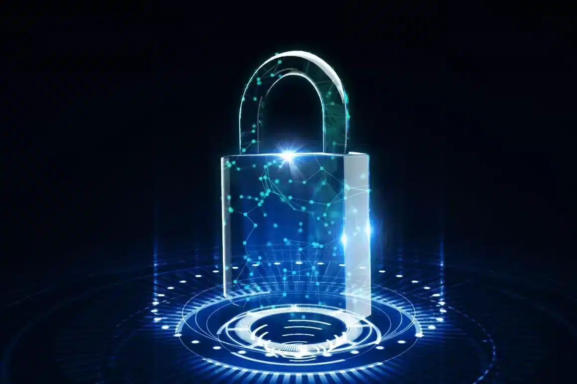 Un cadenas en 3D sur un fond noir une base bleu digital