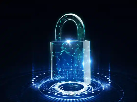 Un cadenas en 3D sur un fond noir une base bleu digital