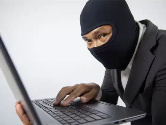 Un voleur de donnée avec une cagoule et un laptop