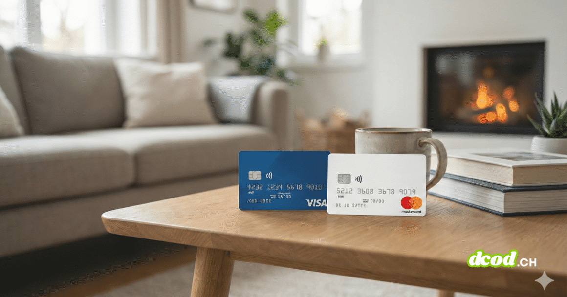 Photo en gros plan de deux cartes de paiement au design suisse neutre (sans nom de banque), posées sur une table en bois. Le symbole du paiement sans contact est visible sur les cartes.