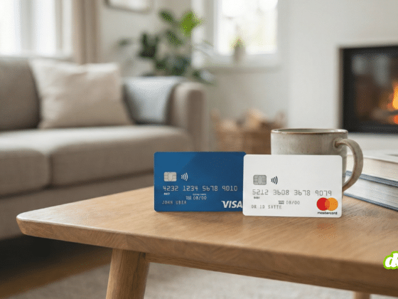 Photo en gros plan de deux cartes de paiement au design suisse neutre (sans nom de banque), posées sur une table en bois. Le symbole du paiement sans contact est visible sur les cartes.