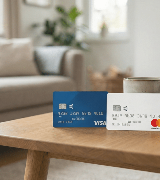 Photo en gros plan de deux cartes de paiement au design suisse neutre (sans nom de banque), posées sur une table en bois. Le symbole du paiement sans contact est visible sur les cartes.