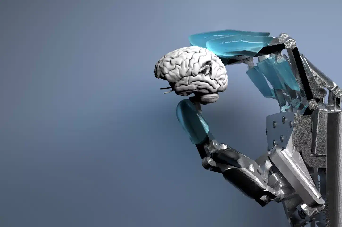 Un cerveau tenu par une main bionique