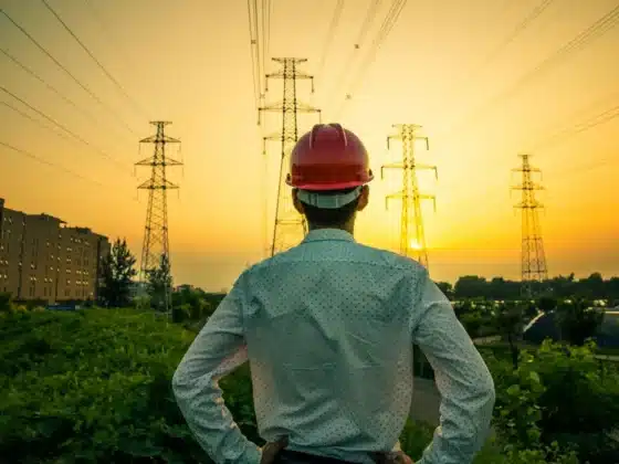 Un ingénieur de dos et regardant des lignes électriques à haute tension