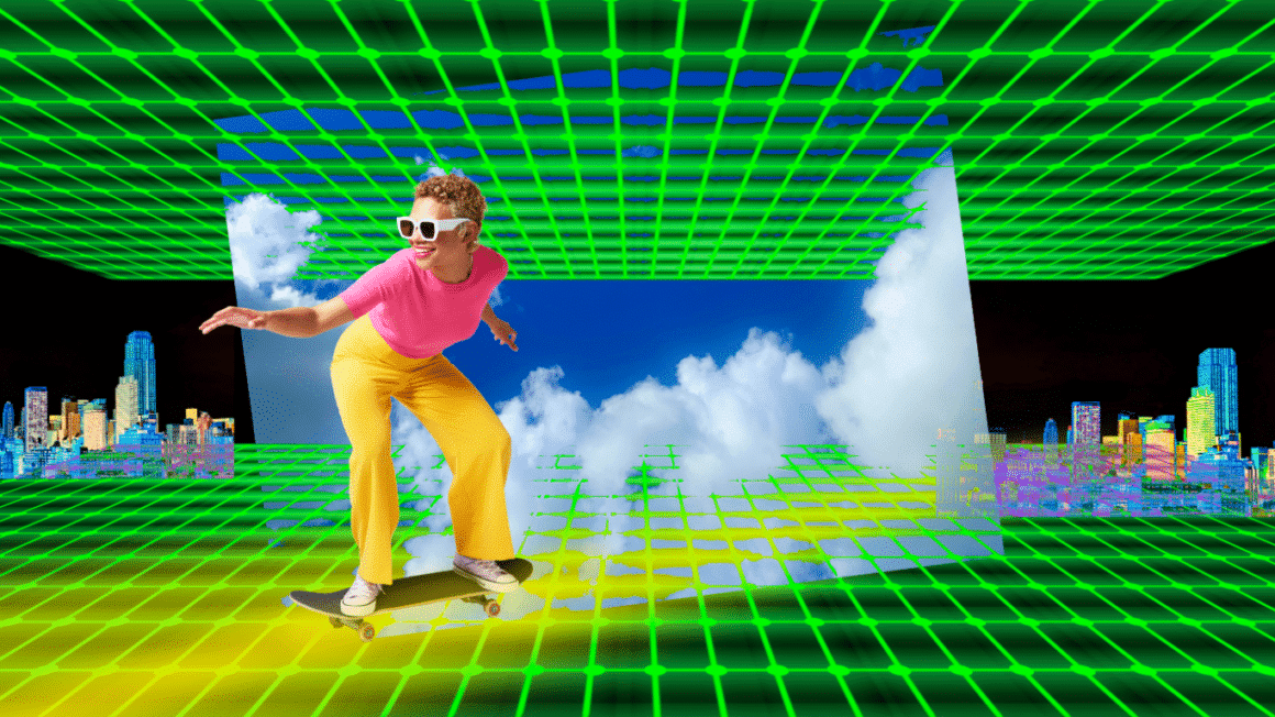 Une femme sur un skateboard dans le Metaverse