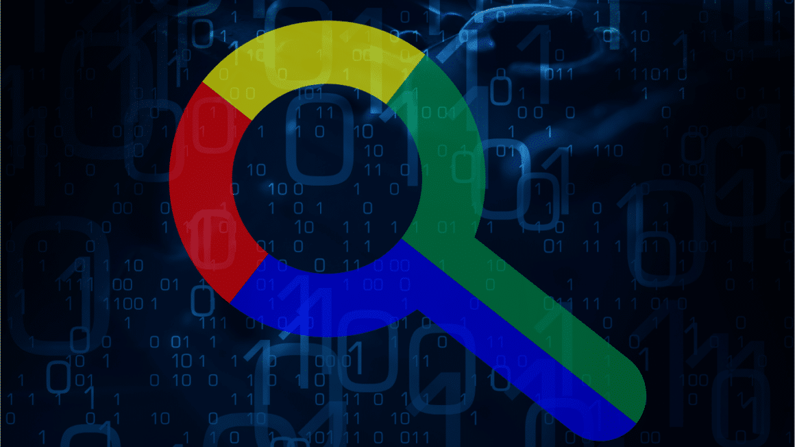 Une loupe Google sur un fond de 0 et de 1