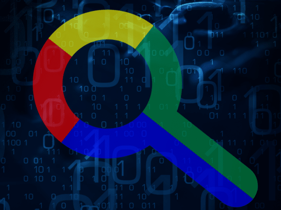 Une loupe Google sur un fond de 0 et de 1