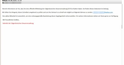 Fake E-Mail im Namen der Steuerverwaltung betr. angeblicher Unregelmässigkeiten