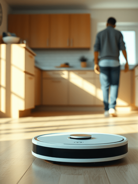 Un aspirateur robot circulaire blanc et noir au premier plan sur un parquet en bois clair. En arrière-plan flou, un homme marche dans une cuisine moderne équipée de placards en bois, baignée par la lumière du soleil.