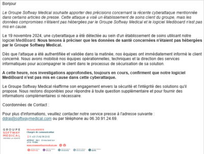 Un acteur de menace vend des données de plus de 750 000 patients d'un hôpital français.