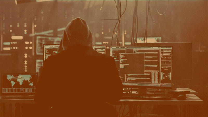 Un hacker préparant une cyberattaque devant plusieurs écrans d'ordinateur